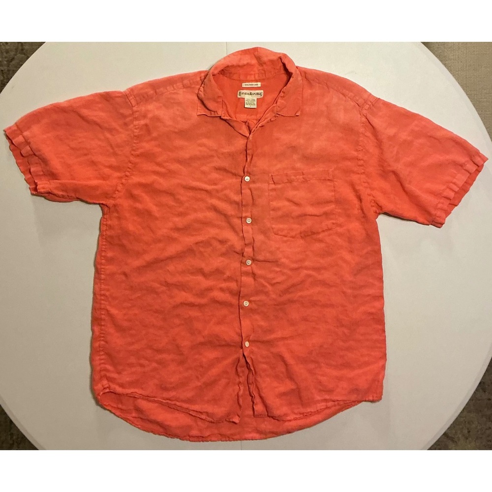 VTG Banana Republic Shirt Mens L Coral 100% Irish Linen Short‎ Sleeve Casual